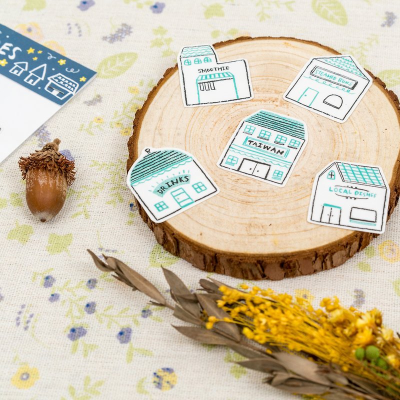 Small house illustration transparent sticker set - Stickers - Waterproof Material Blue
