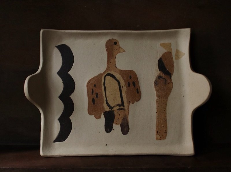 YUYAO creation pottery tray _ handle plate D - จานและถาด - ดินเผา สีกากี