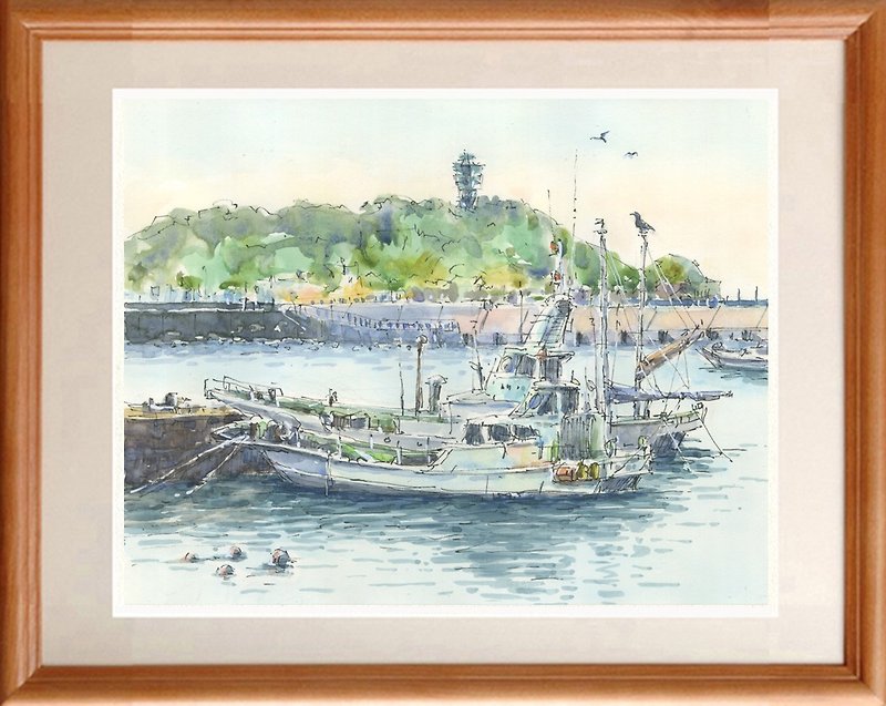 Original watercolor painting Enoshima and Koshigoe Fishing Port A - โปสเตอร์ - กระดาษ สีน้ำเงิน