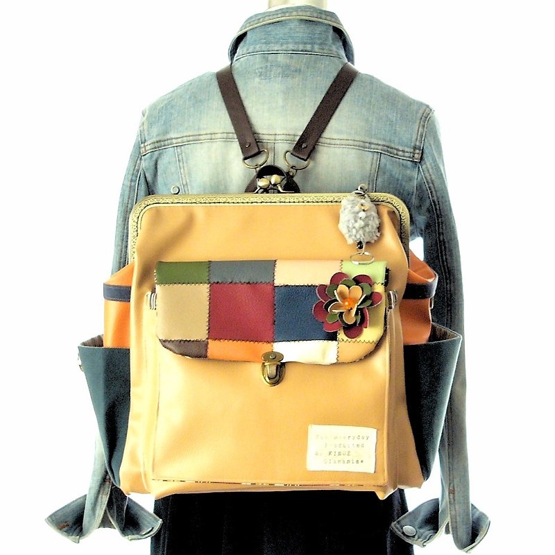 Fall Winter 3 WAY with right side zipper BIG school bag luc full set Camel beige patch - Backpacks - Genuine Leather Orange