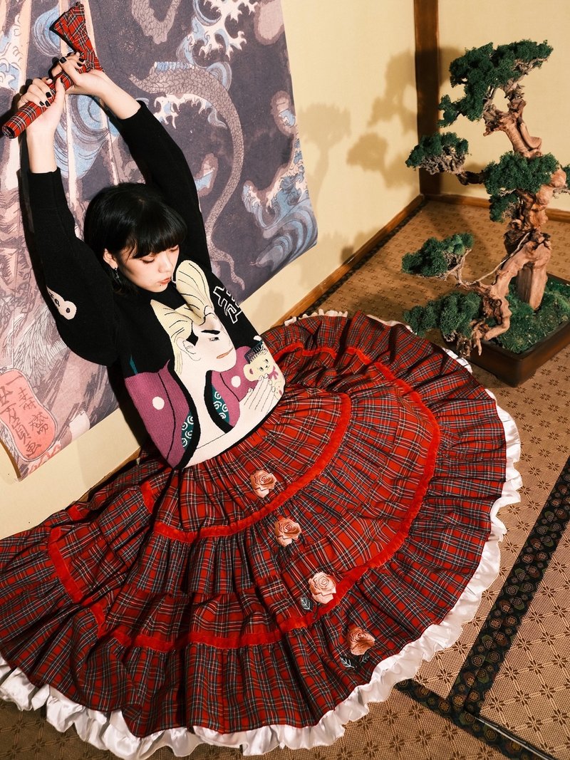 Meugler Niu Chou Dao Bao Zou tribe velvet / plaid rose embroidery lace cake tower skirt - Skirts - Cotton & Hemp Multicolor