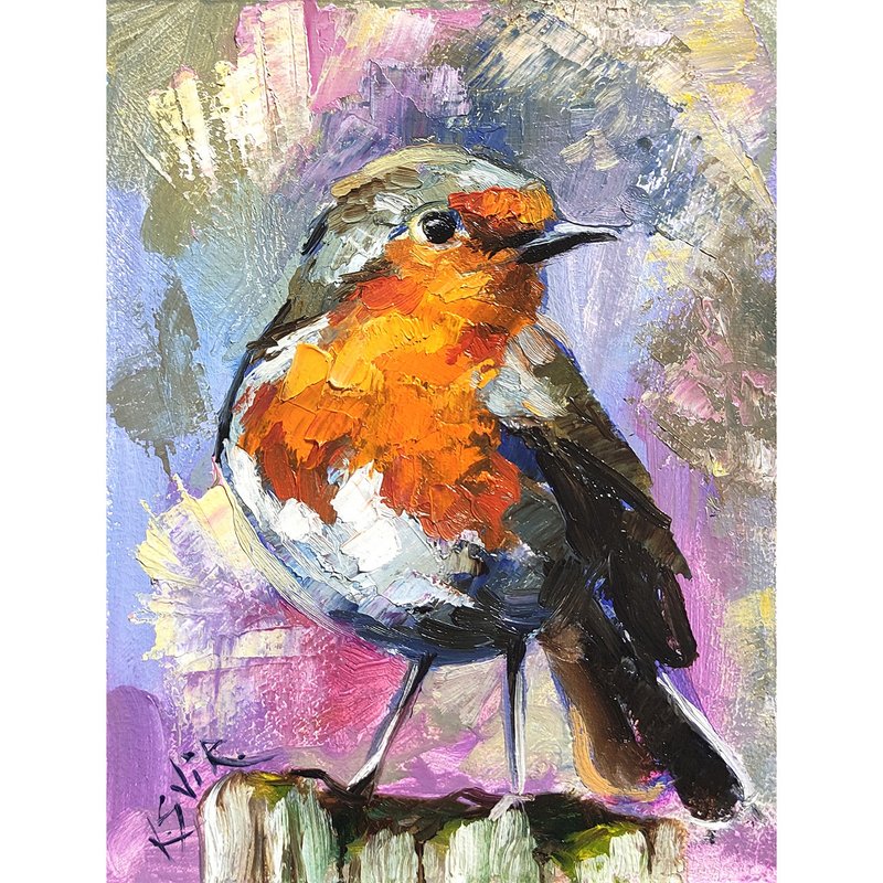 Robin Bird Painting Bird Oil Painting Animal Original Art Small Artwork - 海報/掛畫/掛布 - 其他材質 多色