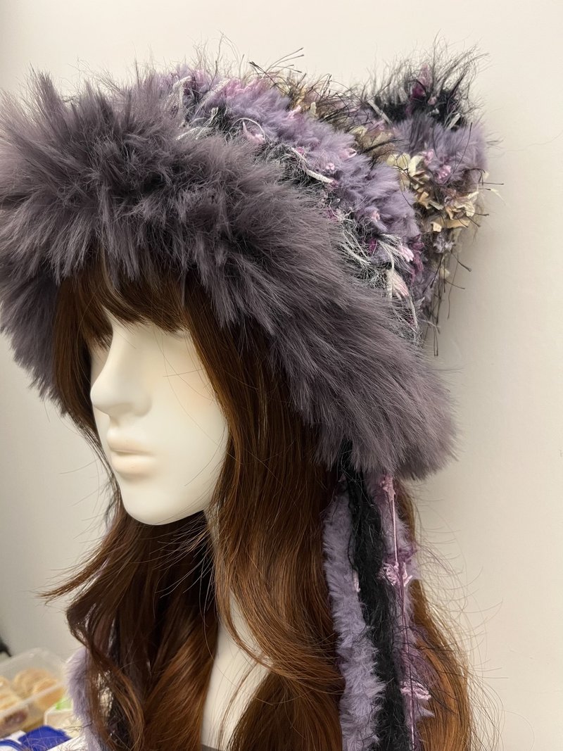 Black Purple Faux Fox Fur Cat Ear Hat | Fluffy Cat Ear Beanie | Handmade Stateme - Hats & Caps - Other Materials 