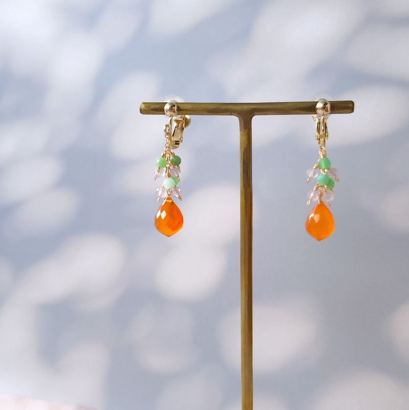 14k gold filled carnelian, chrysoprase, amethyst pierced Clip-On - ต่างหู - เครื่องประดับพลอย สีส้ม