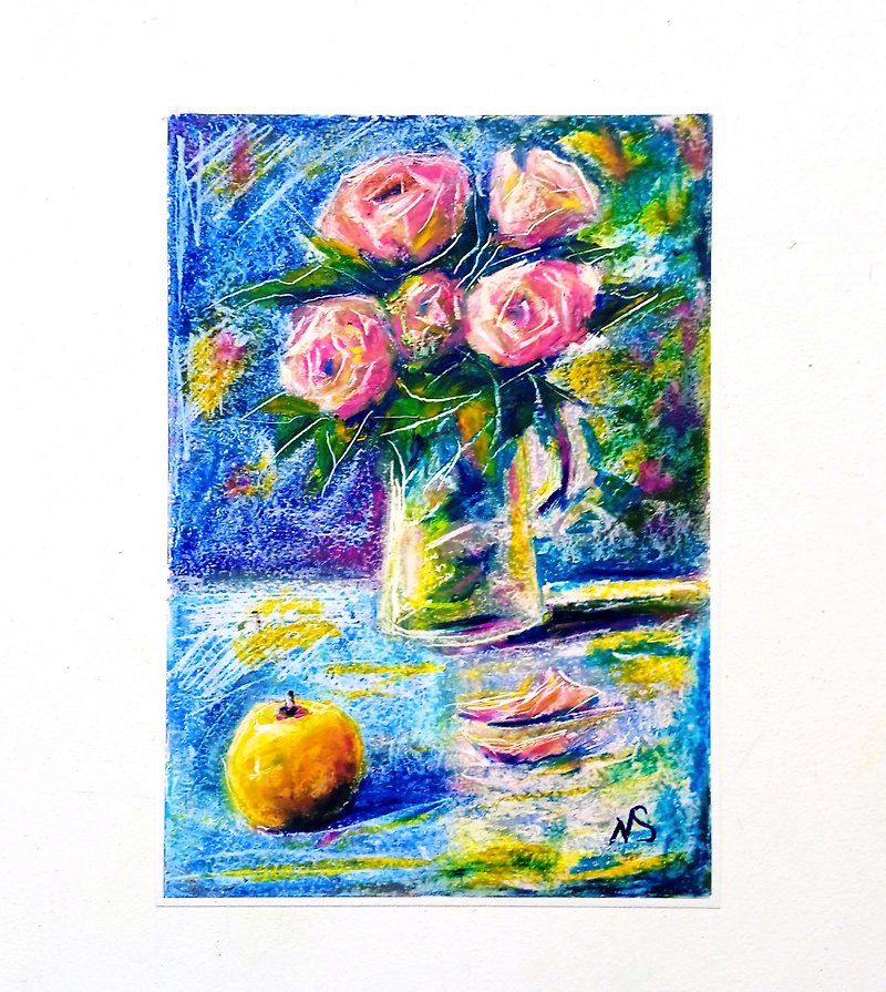 バラの絵画 ピンクのバラの花束 オリジナルアート 花の静物画 リンゴアート - ウォールデコ・壁紙 - 紙 多色
