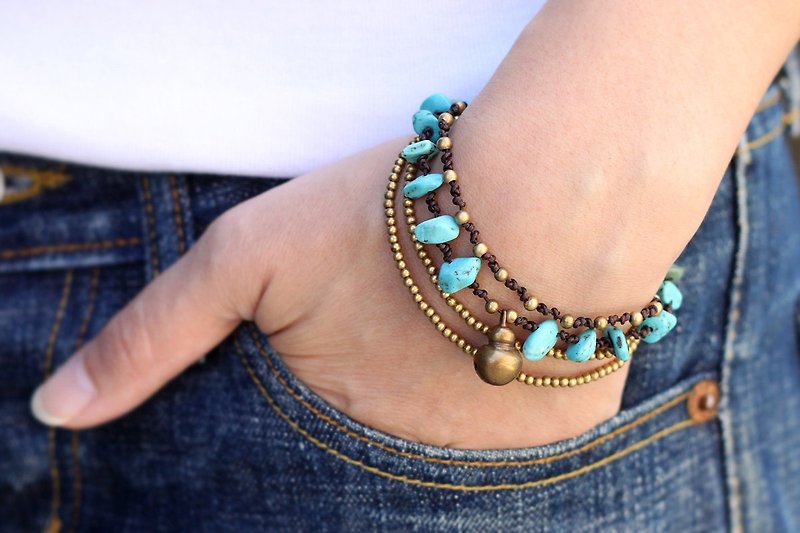 Bead Woven Bracelets Multi strand Turquoise Layer Chains - Bracelets - Stone Green