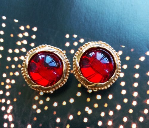 老時光角落 Vintage Jewelry 西洋古董飾品 SWAROVSKI 開窗紅玻璃 針式耳環