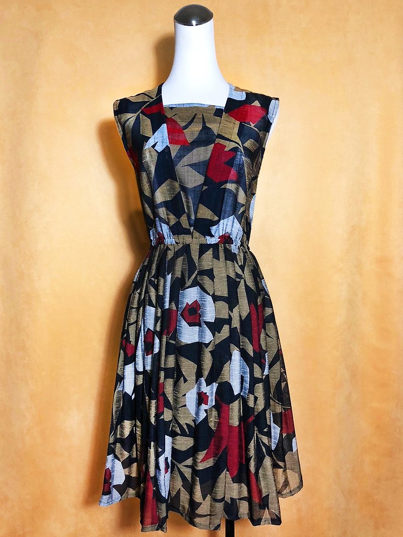 Abstract Flowers Sleeveless Vintage Dress / Bring back VINTAGE abroad - ชุดเดรส - เส้นใยสังเคราะห์ สีน้ำเงิน