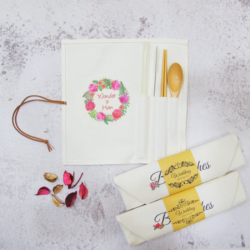 Customized wedding souvenirs, eco-friendly tableware, canvas storage set with straws, wooden chopsticks, spoons, rose wreath - หลอดดูดน้ำ - ผ้าฝ้าย/ผ้าลินิน ขาว