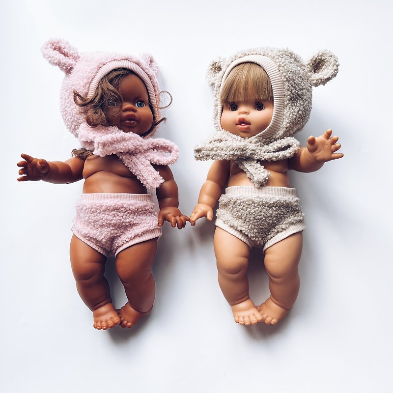 Bear bonnet and trousers  for Minikane 13 inch 34 cm dolls - ของเล่นเด็ก - วัสดุอีโค สึชมพู