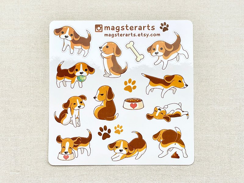 Beagle Sticker Sheet, Waterproof Stickers, Pet Sticker, Planner Stickers, Dog St - สติกเกอร์ - กระดาษ สีนำ้ตาล