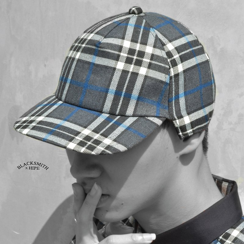 "Sherlock" grey tartan long side cap - Hats & Caps - Cotton & Hemp Gray