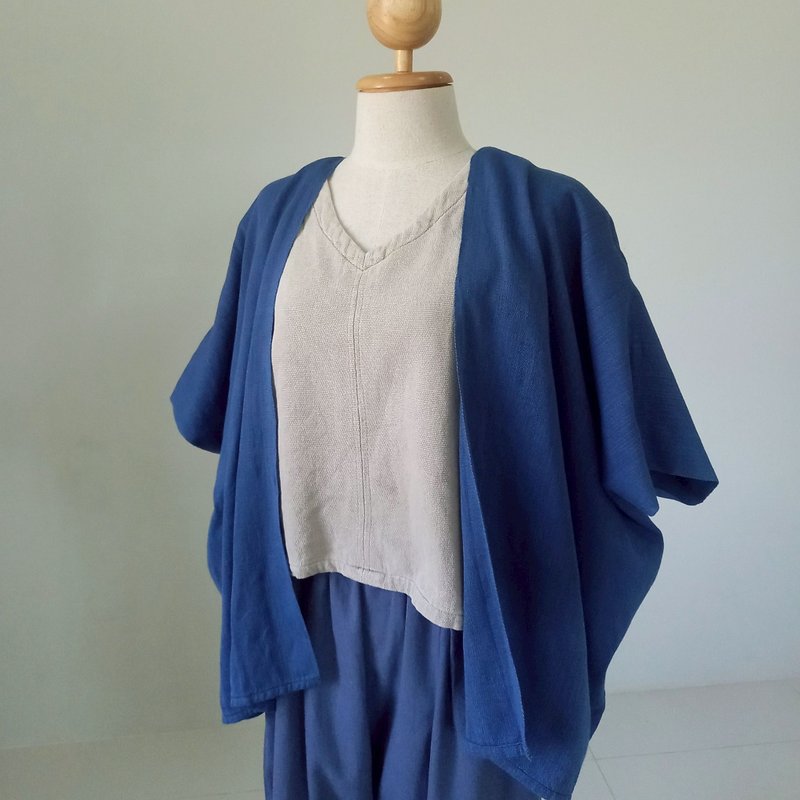 手織りオープンフロントカーディガン / 藍 無地 / 草木染めコットン - 女上衣/長袖上衣 - 棉．麻 藍色