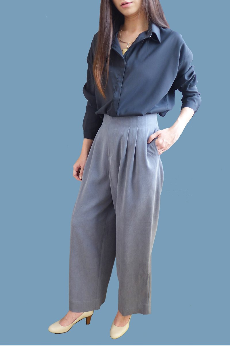 High waist pleated personality wide pants-gray blue - Women's Pants - Cotton & Hemp Blue