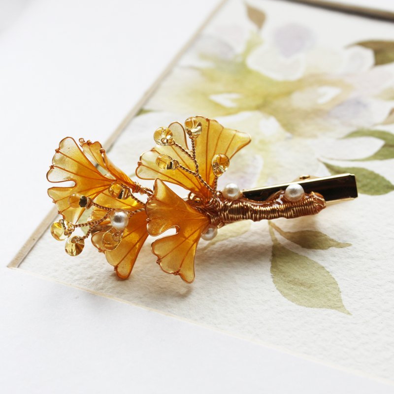 [Ginkgo leaf hairpin] Ginkgo leaf handmade Bronze hairpin hair accessories - Hair Accessories - Resin Orange