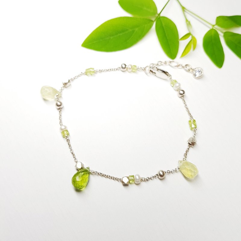 璀璨 Series ~ Dropdrop Peridot + Grapestone + Pearl Silver Bracelet_August birthstone - Bracelets - Gemstone Green