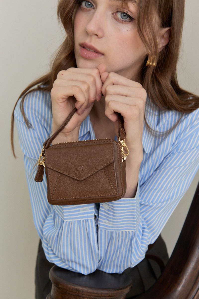 Valen (Espresso) : Mini wallet, short wallet, cow leather, Dark Brown, Zip pouch - 錢包/皮夾/長短夾 - 真皮 咖啡色