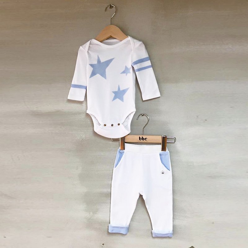 (藍色星空小童禮盒）星星塗鴉包屁衣（藍）＋反摺長褲( 反摺藍 - 其他 - 棉．麻 藍色