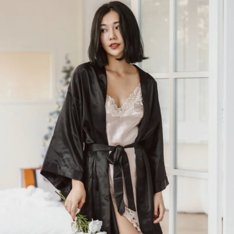 Morning Mist Shimmer Satin Lace Robe - Classic Black - Loungewear & Sleepwear - Other Materials Black