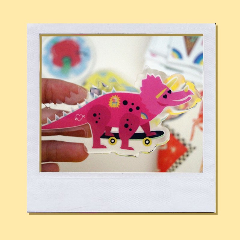 Keychain & Brooch  "Pink Dino" - Brooches - Acrylic Pink