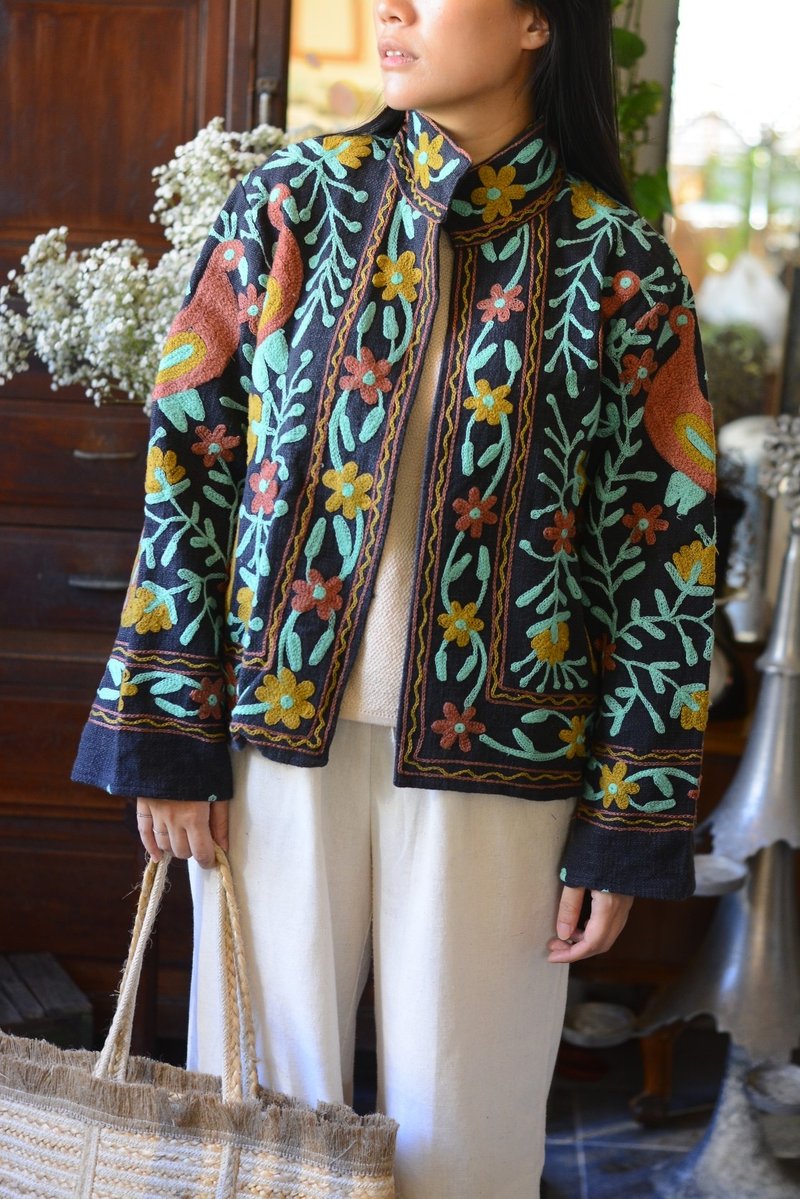 Suzani蘇札尼手工刺繡純棉寬袖外套 - 夜間森林 - 女大衣/外套 - 棉．麻 多色