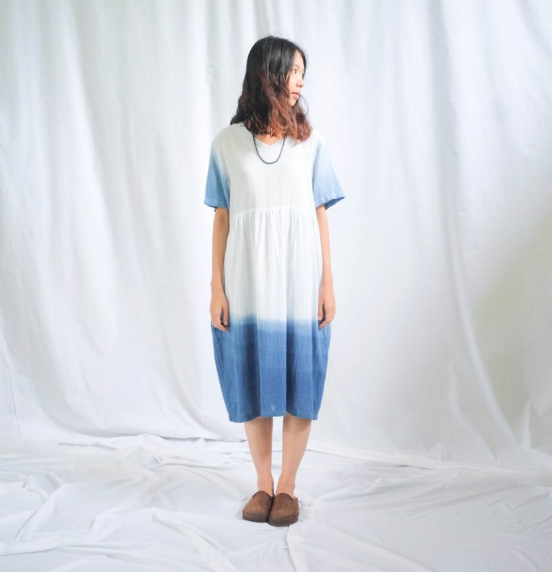 Natural Indigo dyed | Balloon dress - ชุดเดรส - ผ้าฝ้าย/ผ้าลินิน สีน้ำเงิน