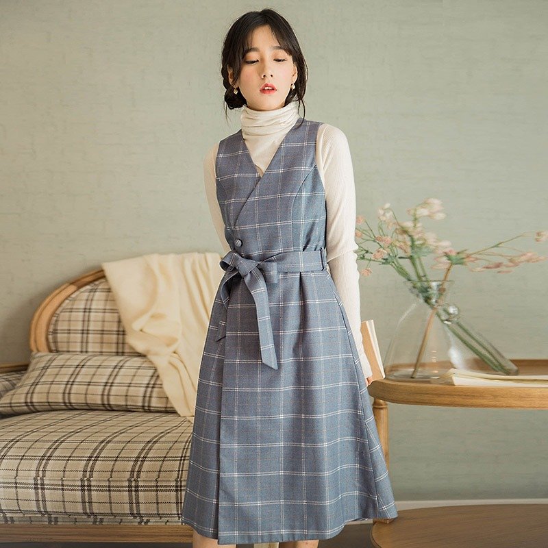 Anne Chen 2017 winter new ladies waist belt long vest - เสื้อแจ็คเก็ต - ผ้าฝ้าย/ผ้าลินิน สีน้ำเงิน