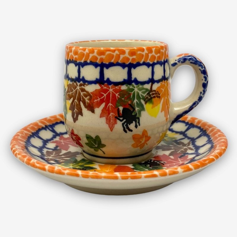 Polish hand-painted pottery-concentrated cup and plate set 100ML Pumpkin Halloween series designer model - Mugs - Pottery Orange