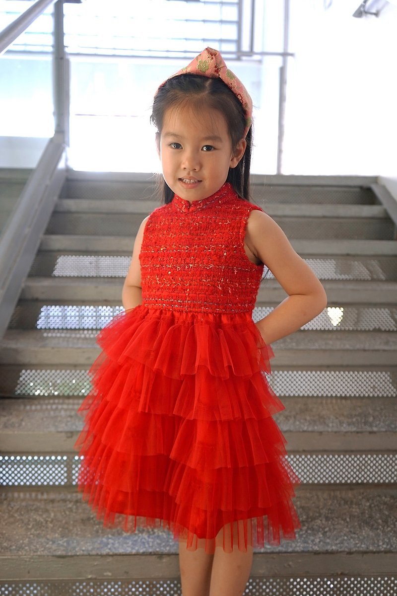 Kid's Tweed Tulle Qipao (Red) - ชุดเด็ก - ผ้าฝ้าย/ผ้าลินิน สีแดง