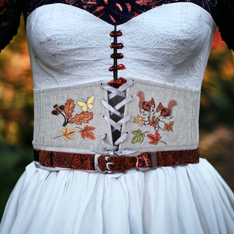 Underbust corset belt for dress lace up, Custom plus size corset embroidered - เข็มขัด - ลินิน สีเทา