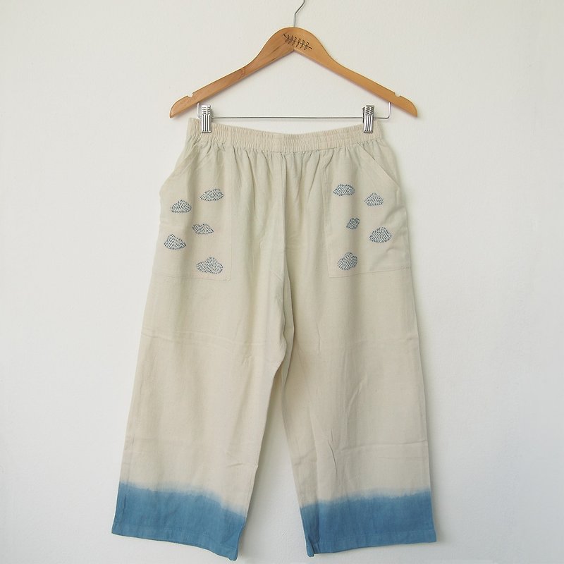 Partly cloudy wide leg pants / indigo dye with hand embroidery - กางเกงขายาว - ผ้าฝ้าย/ผ้าลินิน ขาว