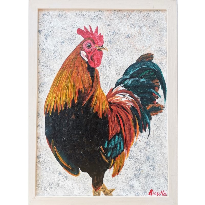 Rooster Bird Painting Original Framed Wall Art Hand Painted By RinaArtSK - Wall Décor - Other Materials Multicolor