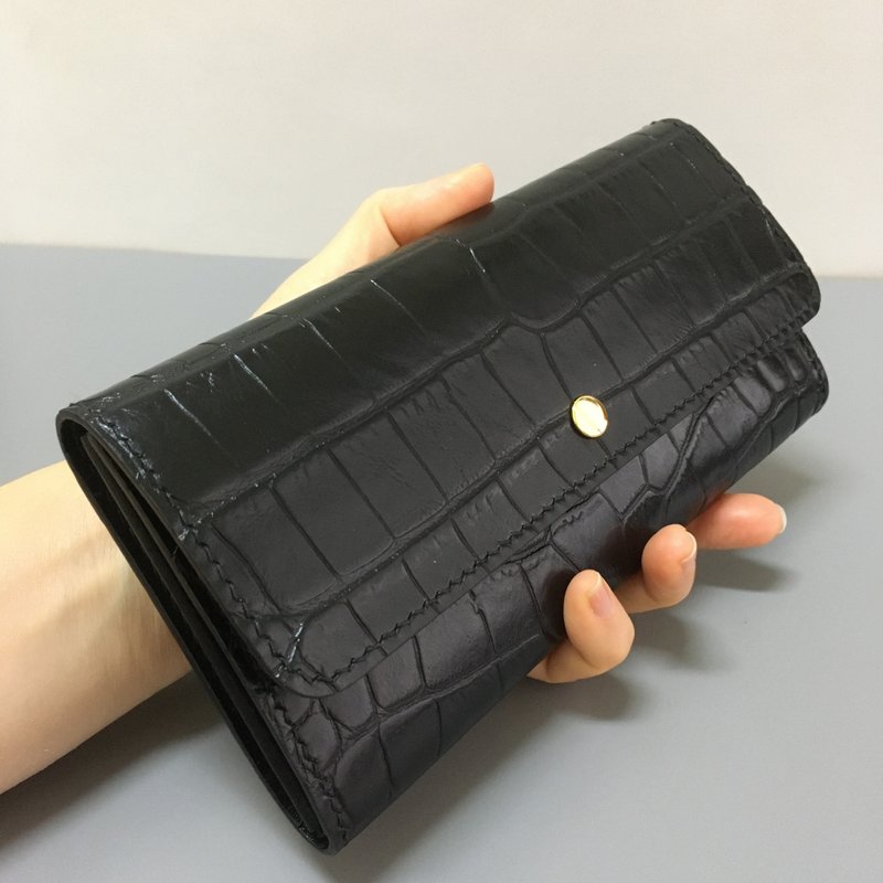 Crocodile effect  6card Leather wallet-black - Wallets - Genuine Leather Black