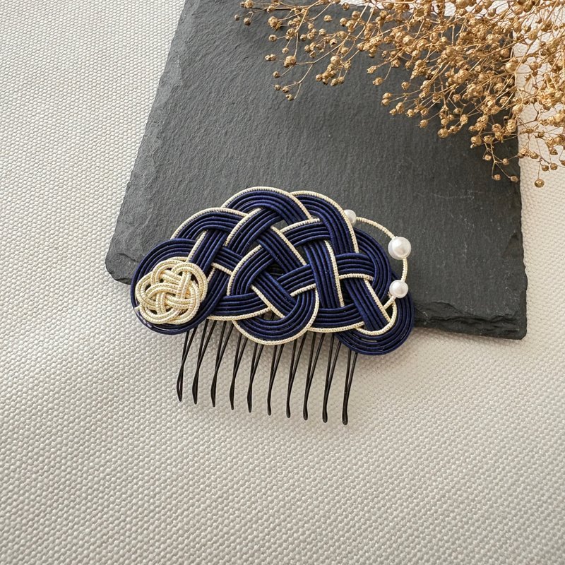 Navy / Mizuhiki Hair Comb / Pine and Plum - Hair Accessories - Silk Blue