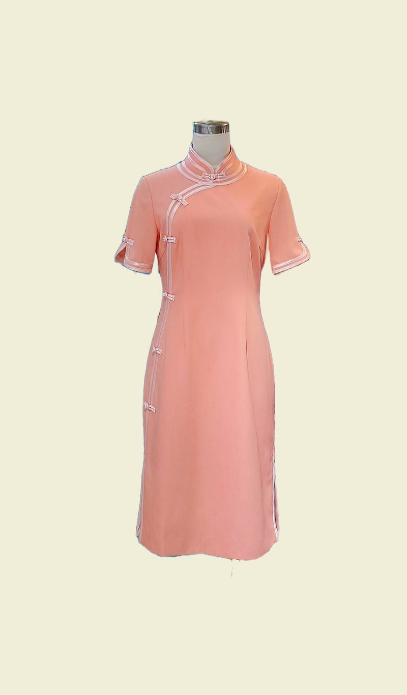 Pale Orange Double Piping Cheongsam Qipao Vintage Qipao Cheongsam Retail Dress - Qipao - Cotton & Hemp Pink