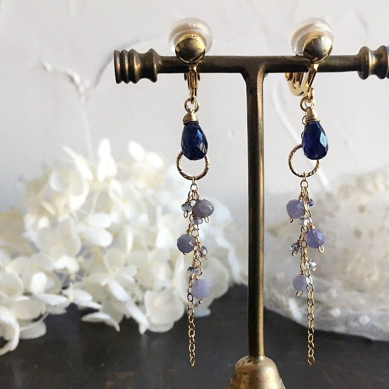 14kgf Cordierite Drops and Tanzanite Earrings OR Brass Painless Ear Clips - Earrings & Clip-ons - Gemstone Blue