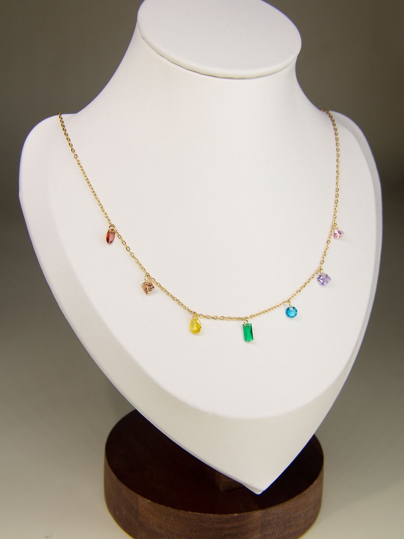 Baguette Rainbow Gemstone Station Necklace | Multicolored Layering Necklace - สร้อยคอ - โลหะ สีทอง
