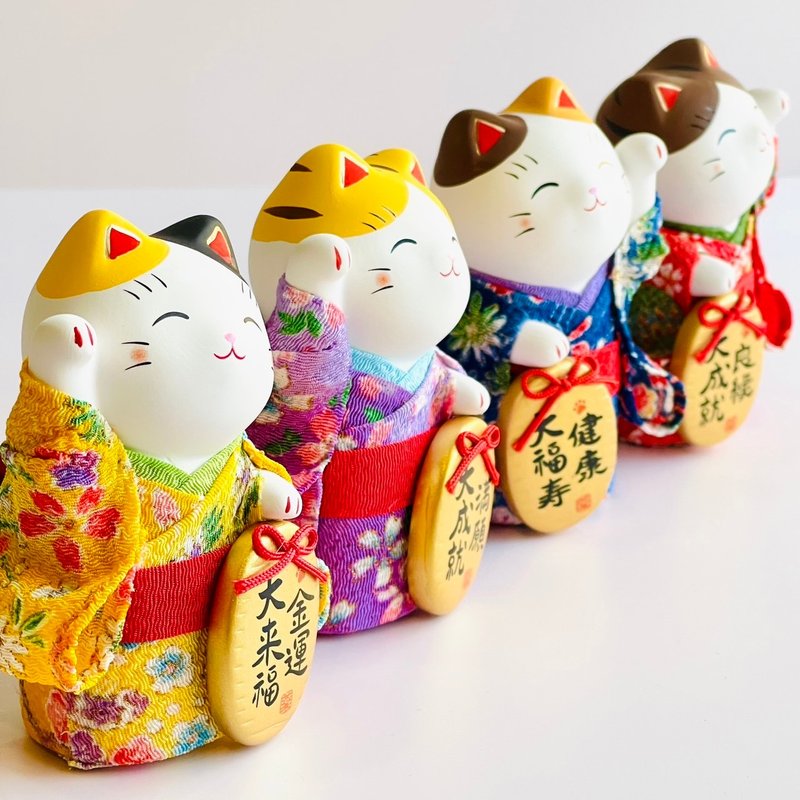 [Christmas Gift] Seto Yaki-Kimono Miansai Xiaoban Lucky Cat-Good Marriage/Health/Full Wishes/Golden Luck - ของวางตกแต่ง - ดินเผา ขาว