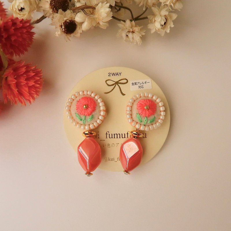 Pierced earrings. Embroidered flower earrings. - Earrings & Clip-ons - Thread Pink