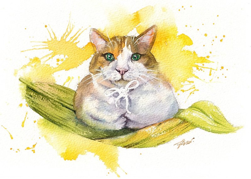 Original watercolor painting [Cat and Cat Rice Dumpling] - Items for Display - Paper Multicolor