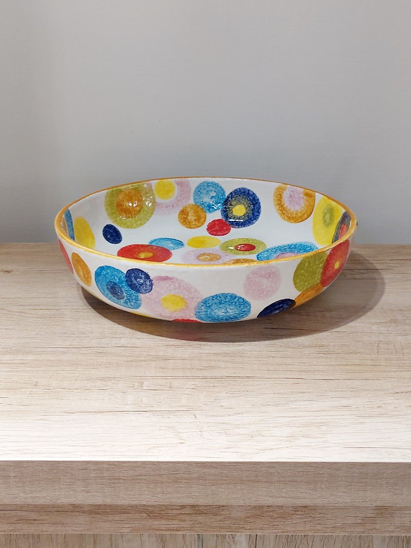 Italian Handmade Pottery-POP Pop Art Shallow Round Bowl 29cm (Orange Edge Circle) - Bowls - Pottery Multicolor