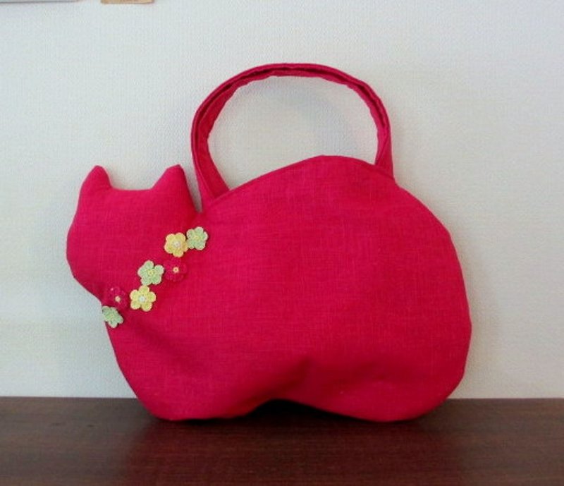 新作 スラブリネン お花の猫バッグ ローズピンクA - 手袋/手提袋 - 棉．麻 粉紅色