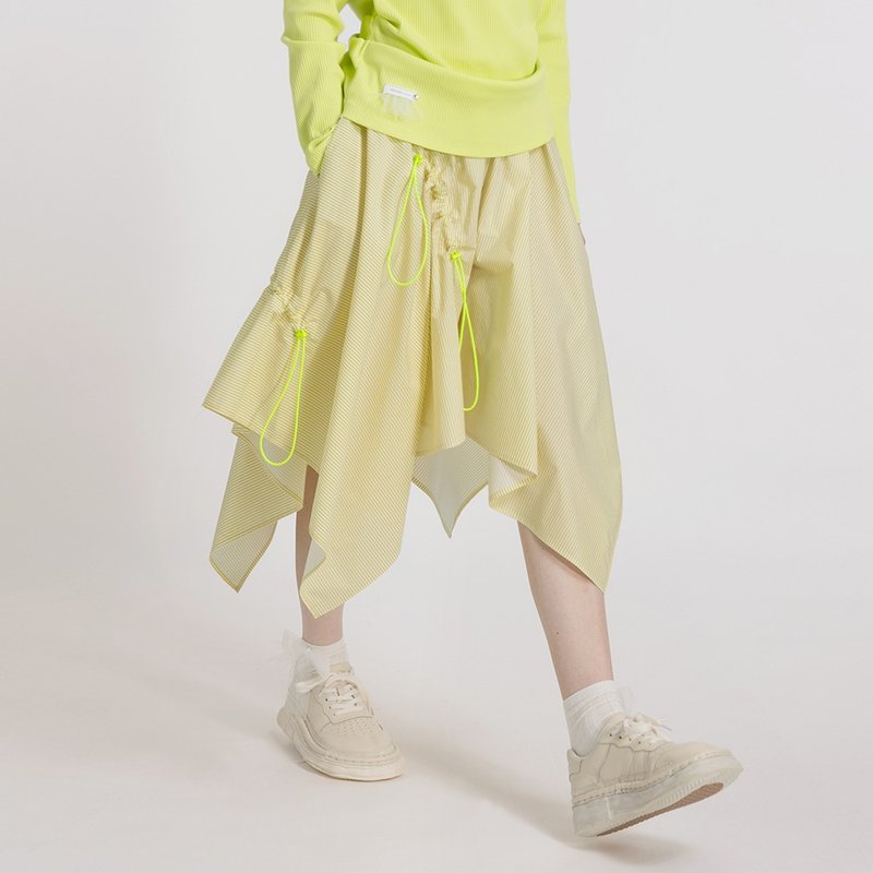 Yellow and white striped skirt, pure cotton skirt, adjustable drawstring, thin, mid-length, irregular skirt - กระโปรง - ผ้าฝ้าย/ผ้าลินิน 