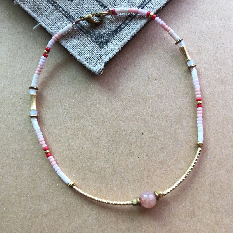 ~ Rice + Bear ~ Strawberry Milk Strawberry Crystal Copper Bend Brass & Natural Stone & Japanese Beads / Anklets / Bracelets - สร้อยข้อมือ - โลหะ สึชมพู