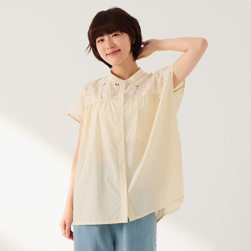 蕾絲拼接質感棉質襯衫-共2色 - 睡衣/居家服 - 棉．麻 多色