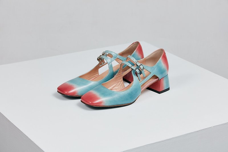 HTHREE 4.6 square head Mary Jane heel / gradient / pink beach / Mary Jane Heels - High Heels - Genuine Leather Blue