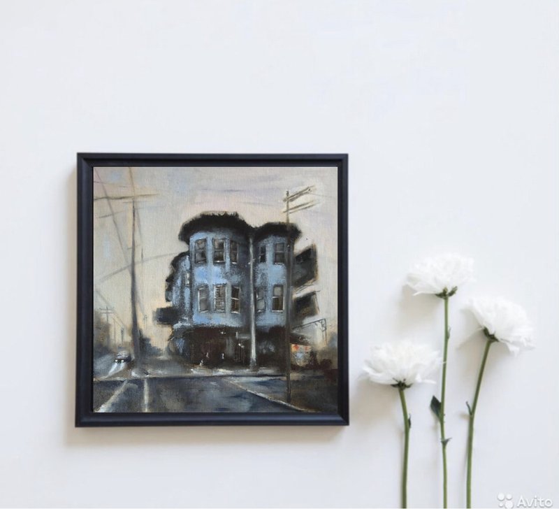 Original oil painting Night City street house - 壁貼/牆壁裝飾 - 棉．麻 灰色
