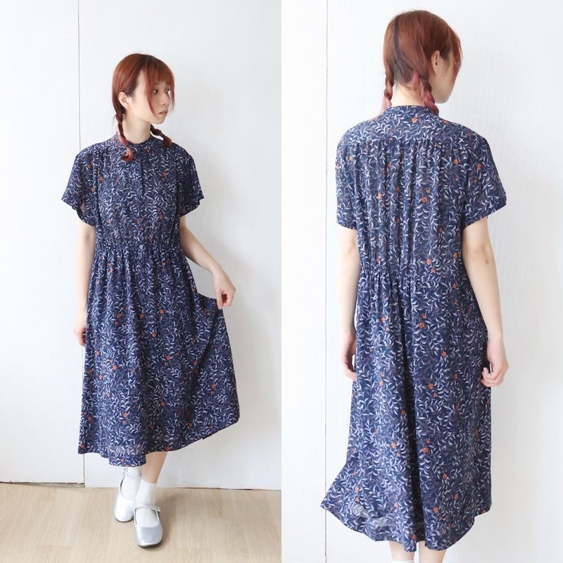 春夏日本製昭和レトロ中山襟花柄紺半袖ヴィンテージドレス - ワンピース - ポリエステル ブルー