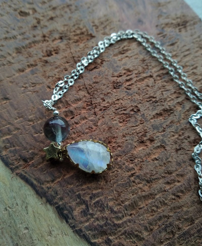 moonstone with Fluorite 925 silver necklace - สร้อยคอ - เครื่องเพชรพลอย สีน้ำเงิน