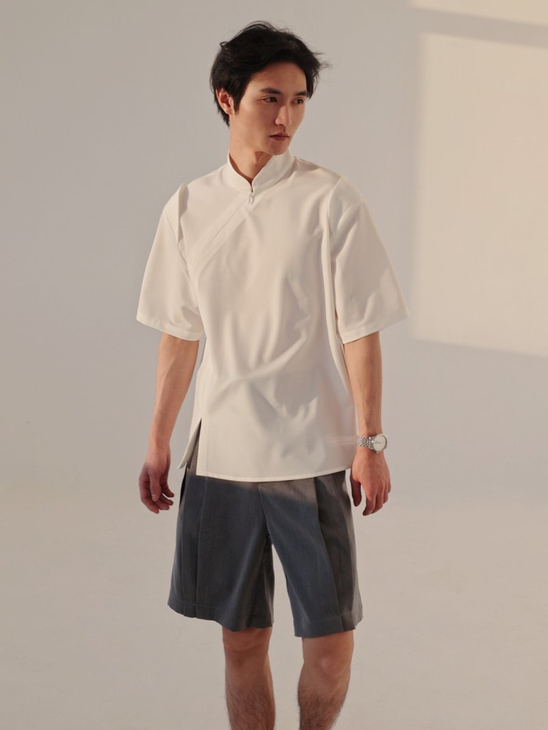 Luanshanhun new Chinese style light national style original design invisible zipper stand collar flying sleeves short sleeves simple solid color summer T - Men's Shirts - Cotton & Hemp White